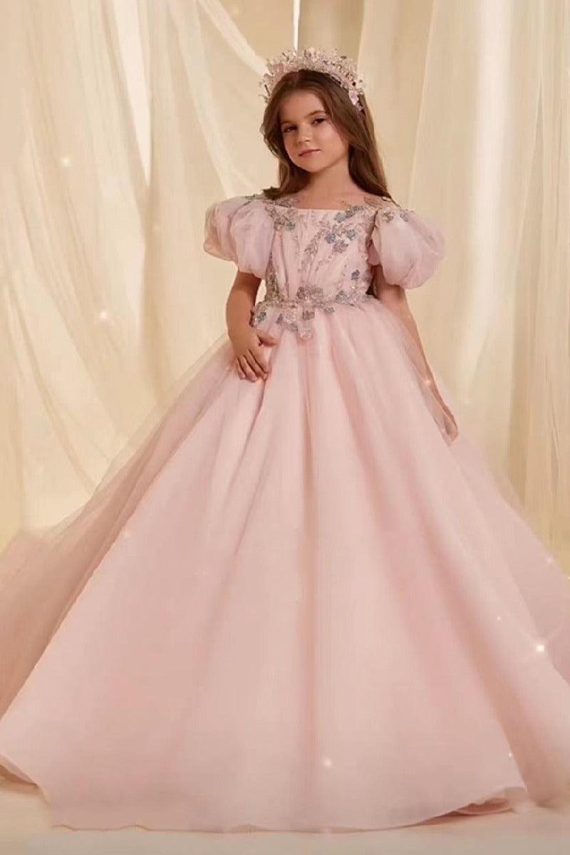 A-Line Puff Sleeves Sweep-Brush Train Illusion Flower Girl Dresses 769681401101 - 10 Days / As Picture / 2 - COCOMELODY